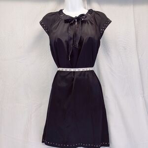 Staccato Black Silky Dress Cap Sleeve Above Knee Laced Tie Bow Collar Studs